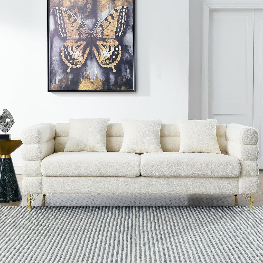 Loveseat Modern Sofa, 2-Pieces 81' Teddy Boucle Comfy Cloud Couch Upholstered Deep 6 Seater Sherpa Couch Set with Stylish Metal Legs for Living Room Home Office Bedroom Apartment, White