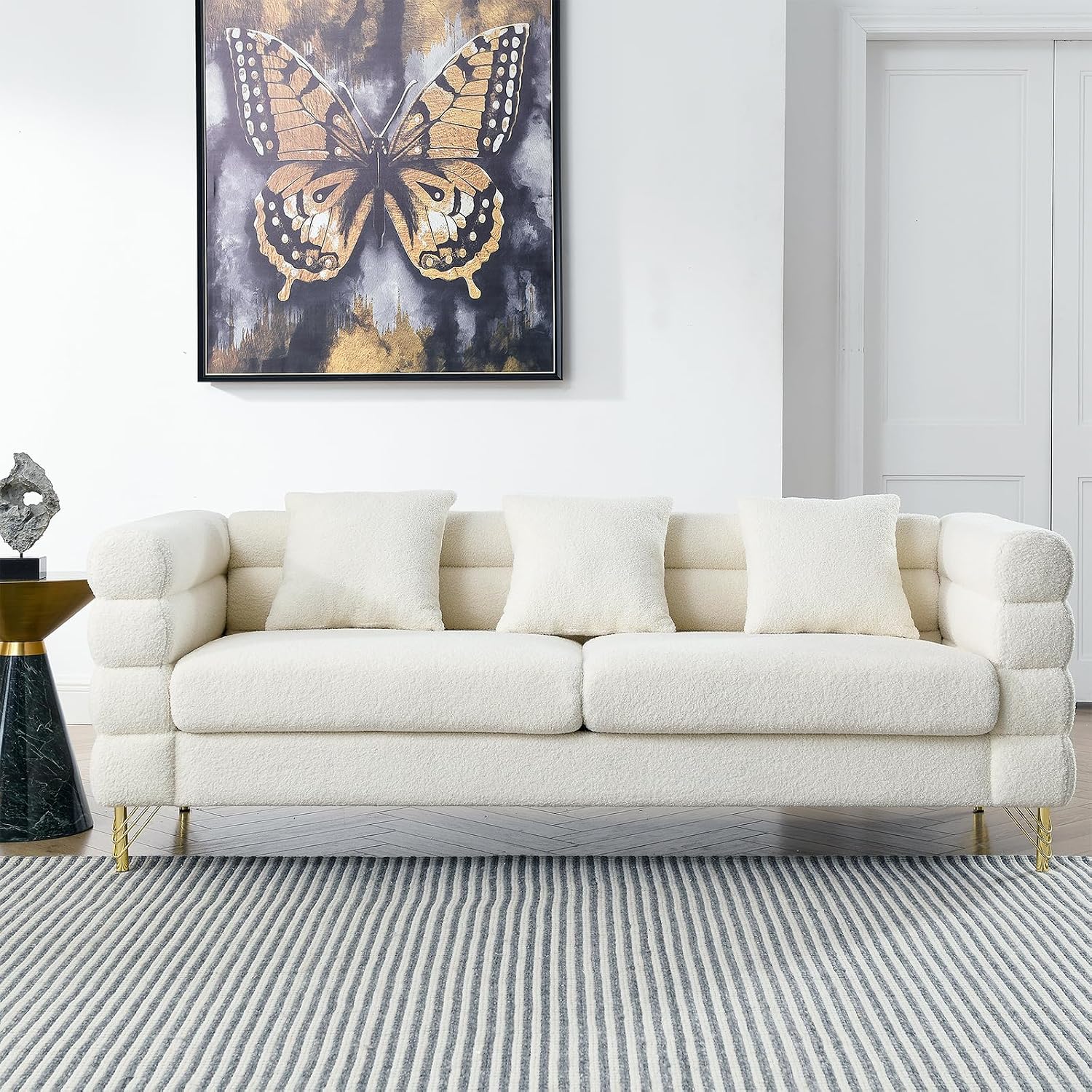 Loveseat Modern Sofa, 2-Pieces 81' Teddy Boucle Comfy Cloud Couch Upholstered Deep 6 Seater Sherpa Couch Set with Stylish Metal Legs for Living Room Home Office Bedroom Apartment, White