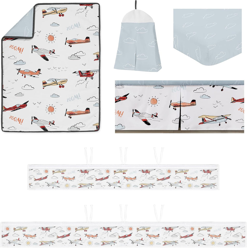 Sweet Jojo Designs Vintage Airplane Boy Baby Crib Bedding Set Infant Nursery Room BreathableBaby Breathable Mesh Crib Liner Blanket Fitted Sheet 6p Red Blue Air Planes Transportation Clouds Aviator