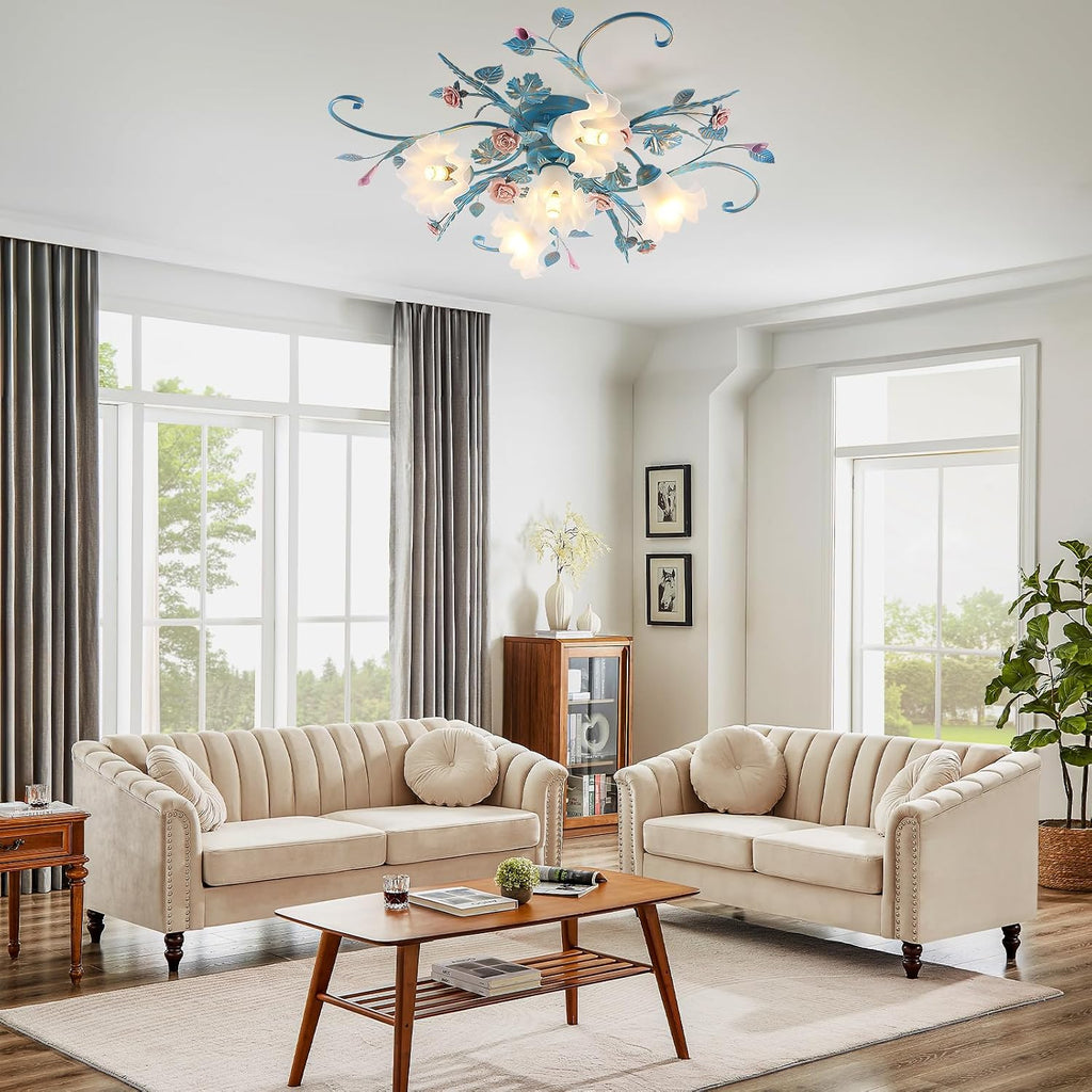 Flower Chandelier Ceiling Light,5-Light Pink Ceramic Rose Ceiling Lamp with Glass Lampshade,Flush Mount Ceiling Light Fixture for Living Room,Bedroom,Dinning Room,Hallway,Kitchen,Turquoise.