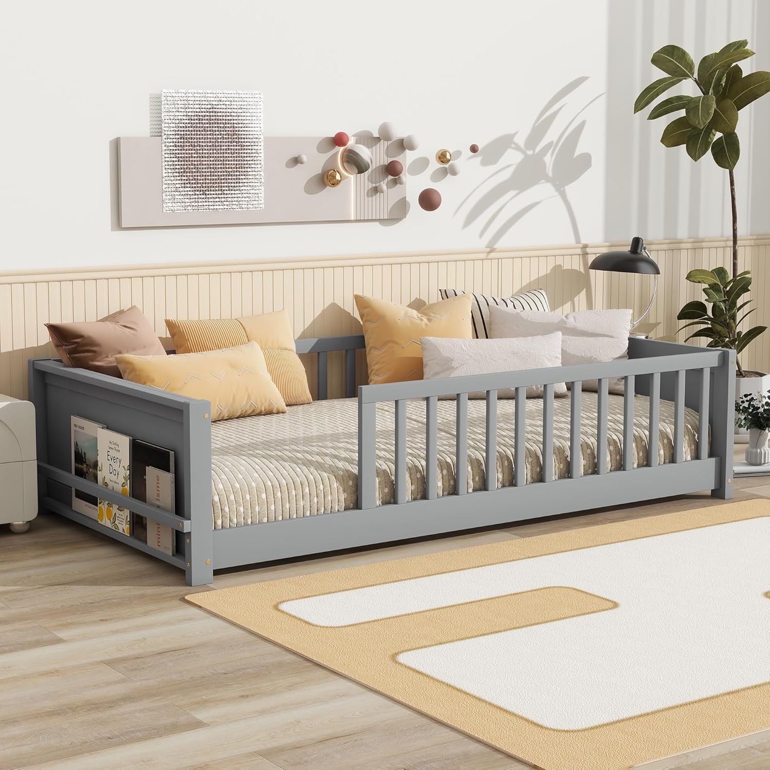 Twin Size Kids Montessori Floor Bed,Twin Floor Bed Frame with Slats and Bookcase,Solid Wood Montessori Bed for Girls Boys,Grey