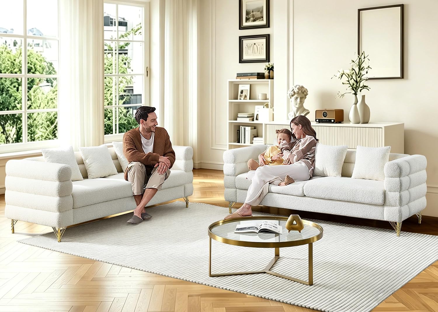 Loveseat Modern Sofa, 2-Pieces 81' Teddy Boucle Comfy Cloud Couch Upholstered Deep 6 Seater Sherpa Couch Set with Stylish Metal Legs for Living Room Home Office Bedroom Apartment, White