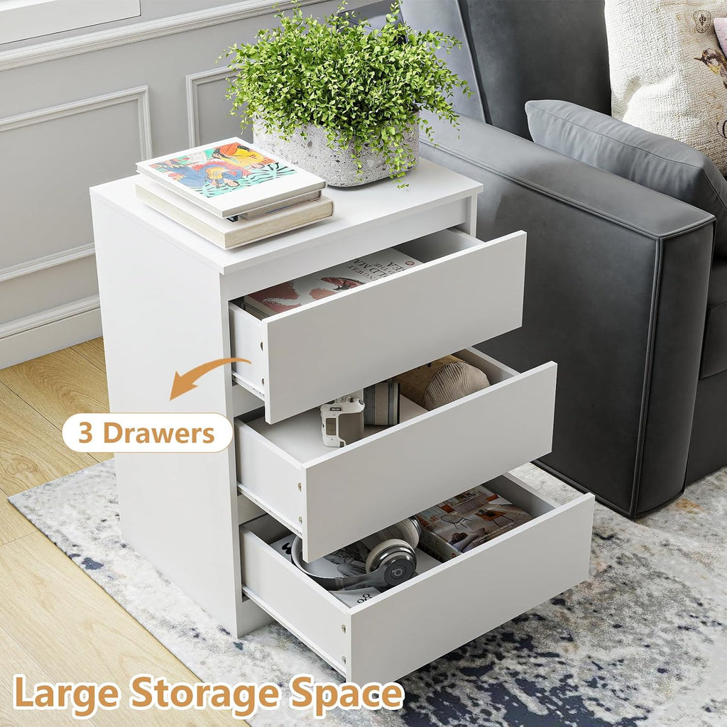 White Nightstand with 3 Drawers Set of 2,Modern Tall Bedside Table with Storage for Bedroom,End Side Table with No-Handle Design for Living Room