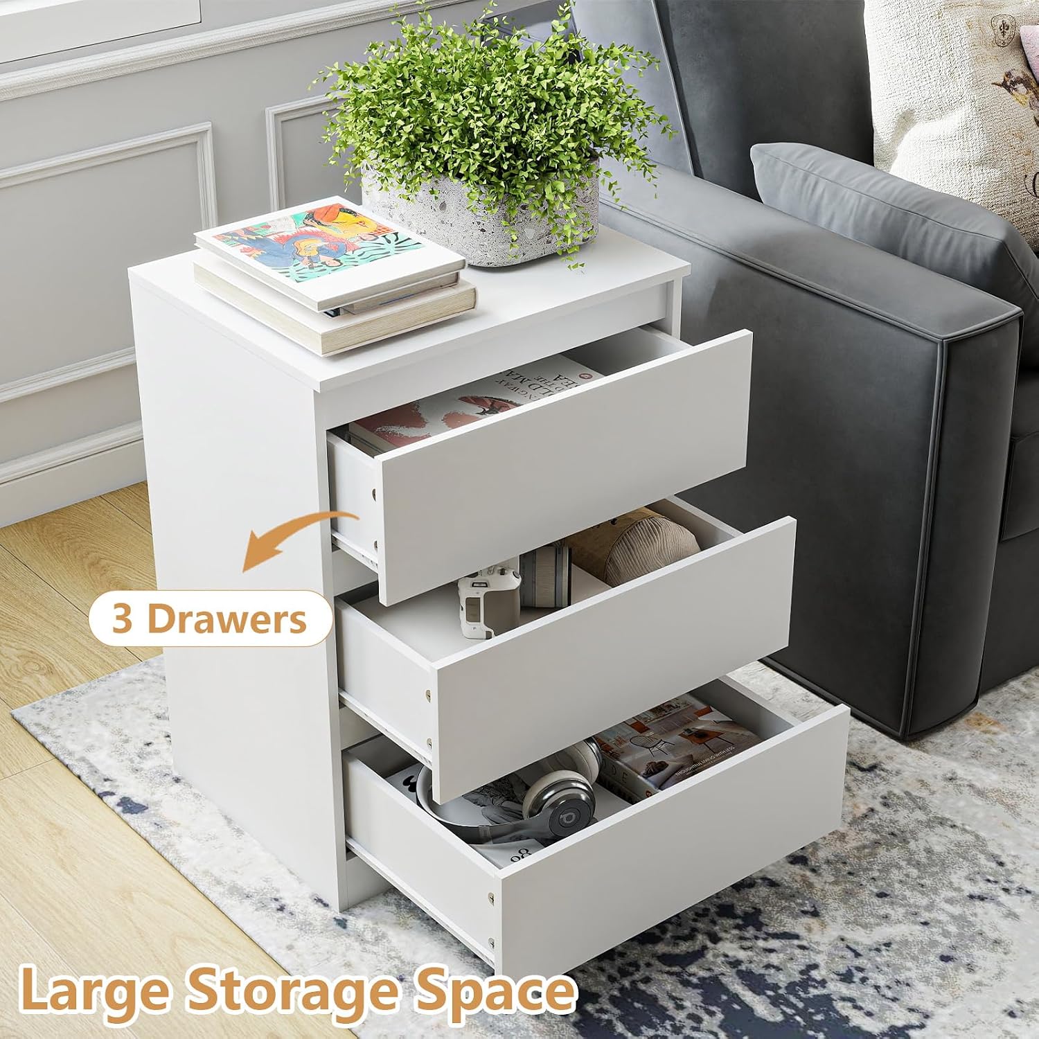 White Nightstand with 3 Drawers Set of 2,Modern Tall Bedside Table with Storage for Bedroom,End Side Table with No-Handle Design for Living Room