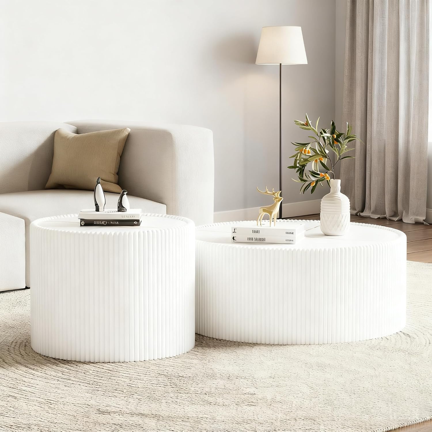 Round Living Room Table Set, 29.52' White Drum Center Table and 17.71' White Coffee Table Set, 2 Pieces Coffee Table Set with Sintered Stone Tabletop, Fluted PU Leather Covered and StableBase