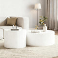 Round Coffee Table Set, 29.52' White Drum Center Table and 17.71' White Coffee Table Set, 2 Pieces Living Room Table Set with Sintered Stone Tabletop,Fluted PU Leather Covered and Stable Base