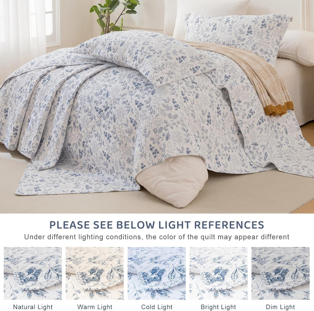 Sanracie Oversized King Bedspread 120'x120', 100% Cotton White and Blue Floral Quilted Bedspread Set 3Pcs Soft Breathable Shabby French Country Chic Vintage Garden Floral Bedding Set for All Season