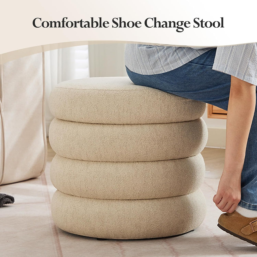 19.5 Inch Round Storage Ottoman, Modern Linen Ottoman Coffee Table with Removable Top, Beige Vanity Stool with Storage for Bedroom, Living Room, Dorm, Set of 1