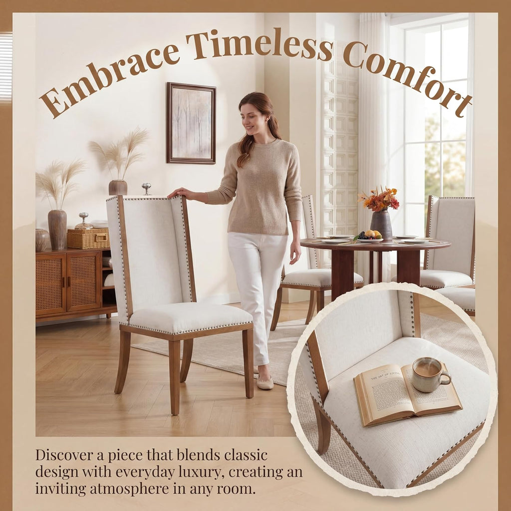 Wingback Dining Chairs Set of 2, Uphosltered Linen Kitchen Chairs with High Back, Solid Wood Accent Side Chair for Dining Room/Bedroom/Living Room, Linen White