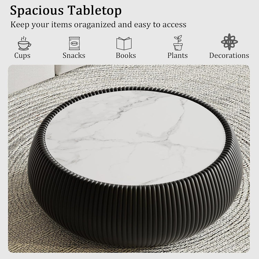 Black Round Coffee Table, 27.55' Drum Coffee Table with Sintered Stone Tabletop and Fluted PU Leather Covered and Stable Base, Circle Cocktail Tea Table for Living Room