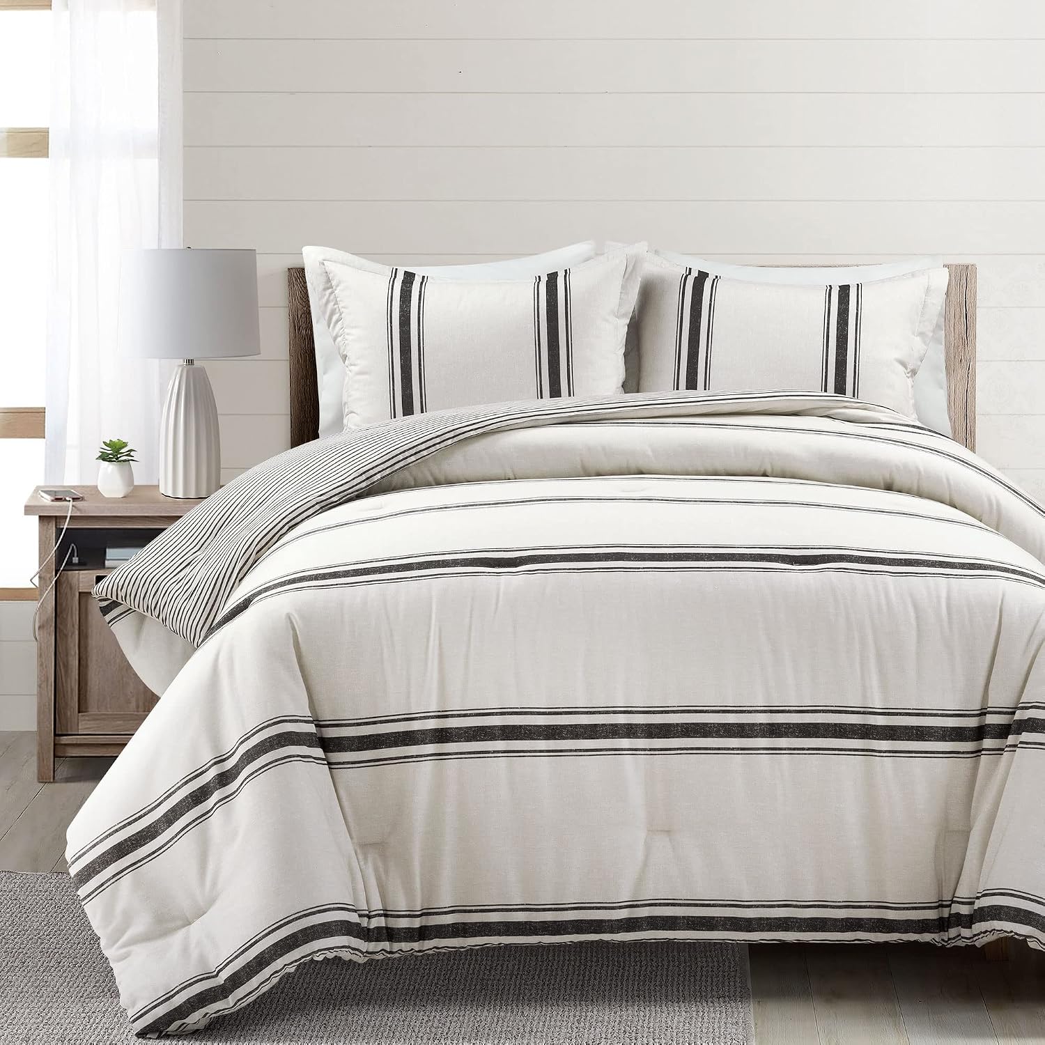 Lush Decor Farmhouse Stripe Reversible Cotton Comforter Set, 3 Piece Set, King, Black - Cozy Farmhouse Bedding Set - Rustic Decor - Striped Comforter - Modern Farmhouse Bedroom Decor
