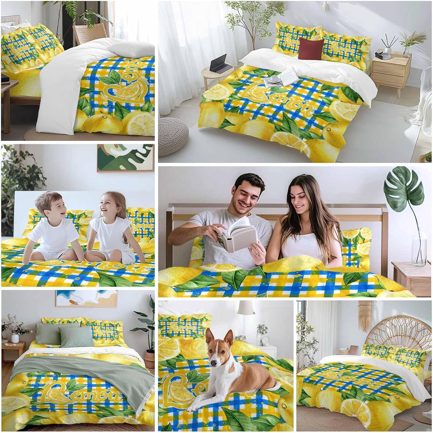 Summer Fruit Duvet Cover Set Queen Size 4 Pieces Watercolor Lemon Frame Letter Print Blue Yellow Plaid Bedding Set with Zipper Closure, 1 Comforter Cover 92x106 Inches 1 Flat Sheet & 2 Pillow Cases