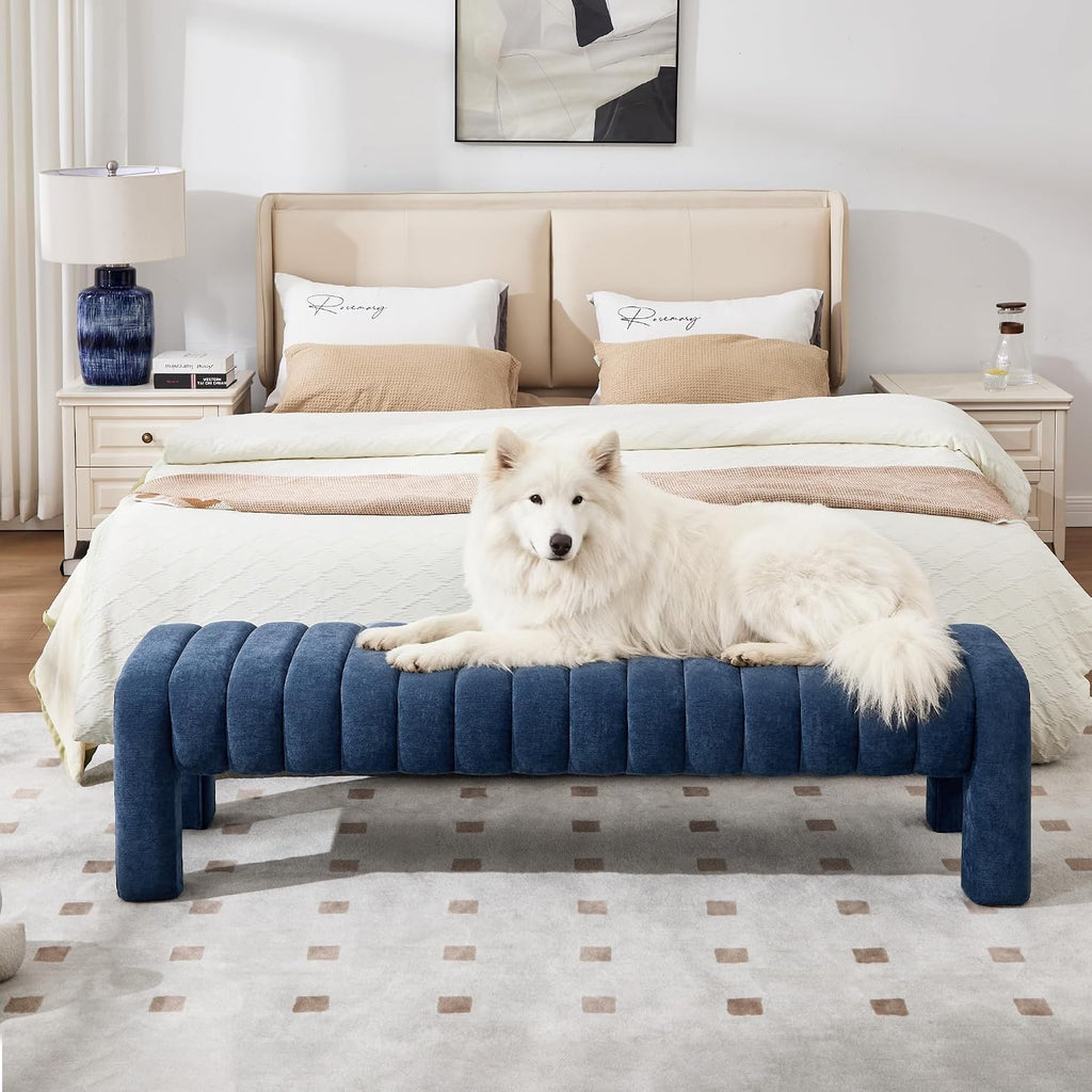 63'' Bedroom Bench, Upholstered End of Bed Bench with Solid Wood Legs, Modern Long Dining Bench with Full Covered Fabrics for Entryway, Bedroom, Living Room (Blue, Chenille)