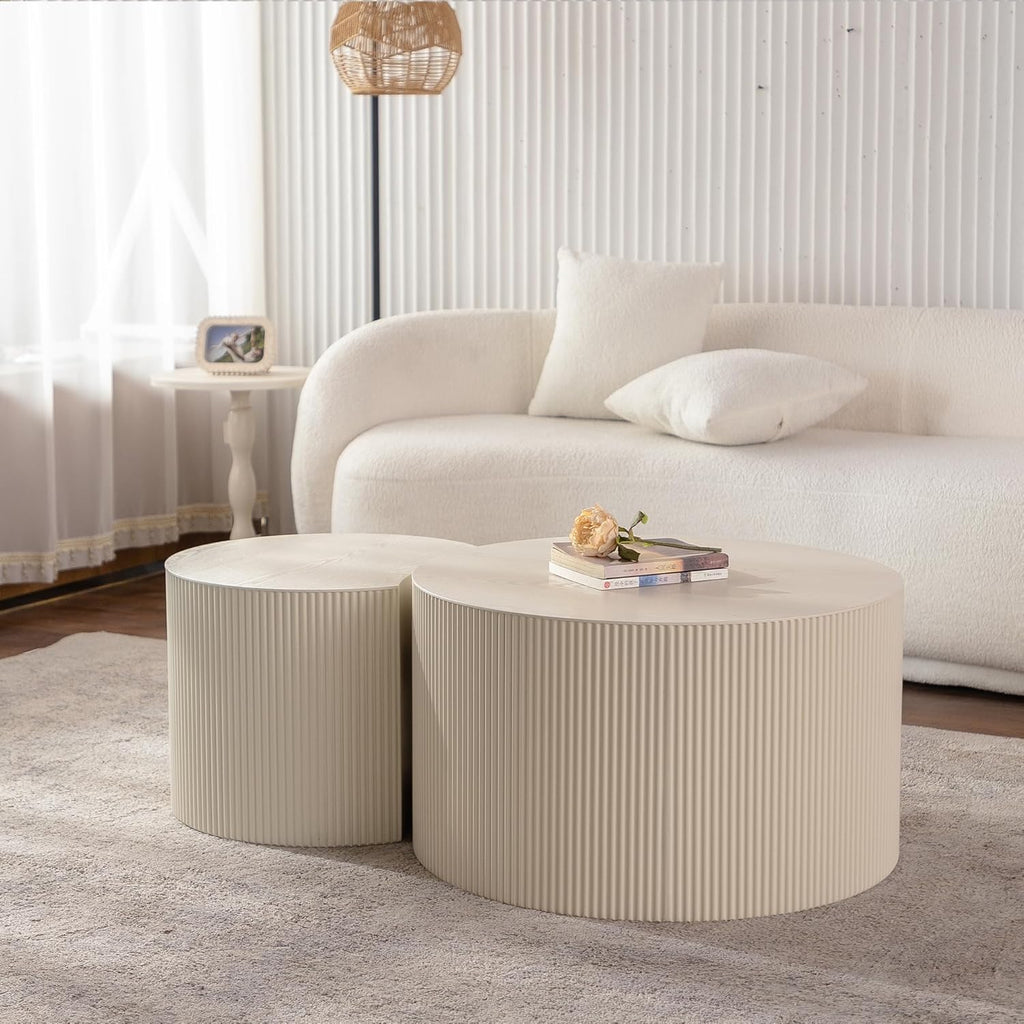 Nesting Coffee Table Set of 2, Round & Crescent Moon Wood Coffee Table and End Table Sets, Modern Luxury Accent Center Tea Table for Living Room Bedroom, （Beige + Cream, 27.56' & 19.69'