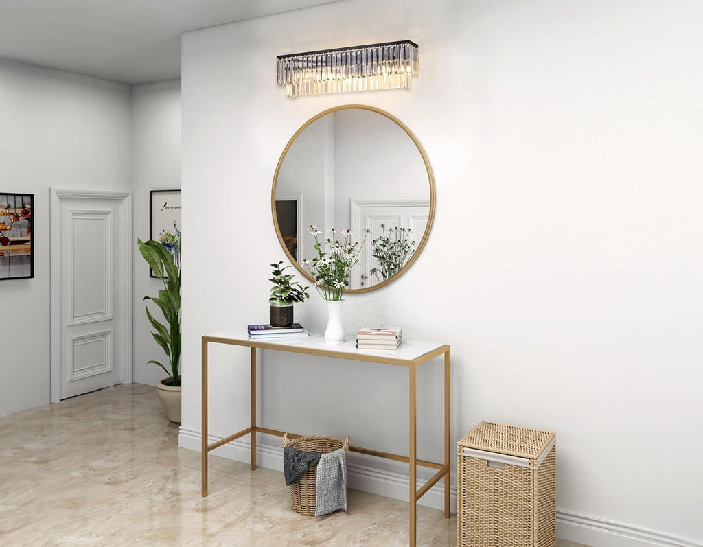 Wellmet 4-Light Bathroom Vanity Light Fixtures, Black Crystal Wall Sconces Lighting, Modern Farmhouse Wall Lamp for Mirror, Living Room, Bedroom, Hallway, Cabinet, Porch, E12 Base(Bulbs Not Included)