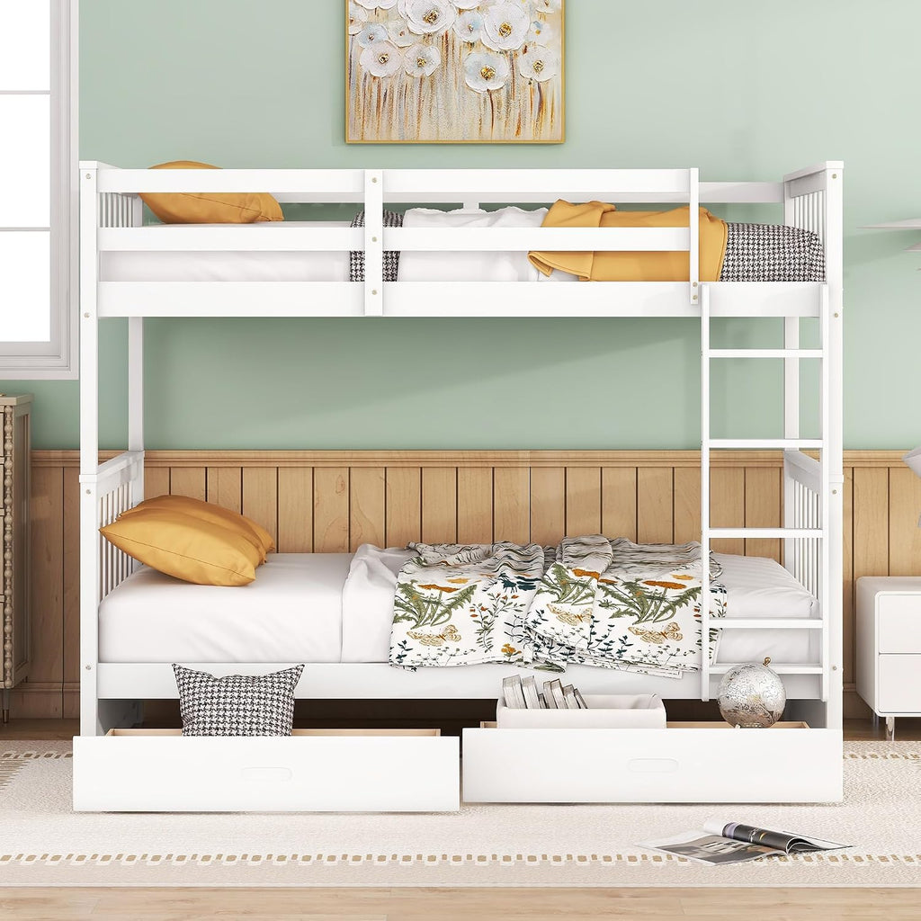 Merax Wood Bunk Bed with Drawers,Convertible Bunk Bed with Ladders and Two Storage Drawers,Solid Wood Detachable Bed Frame with Ladders,Twin Over Twin Size,White