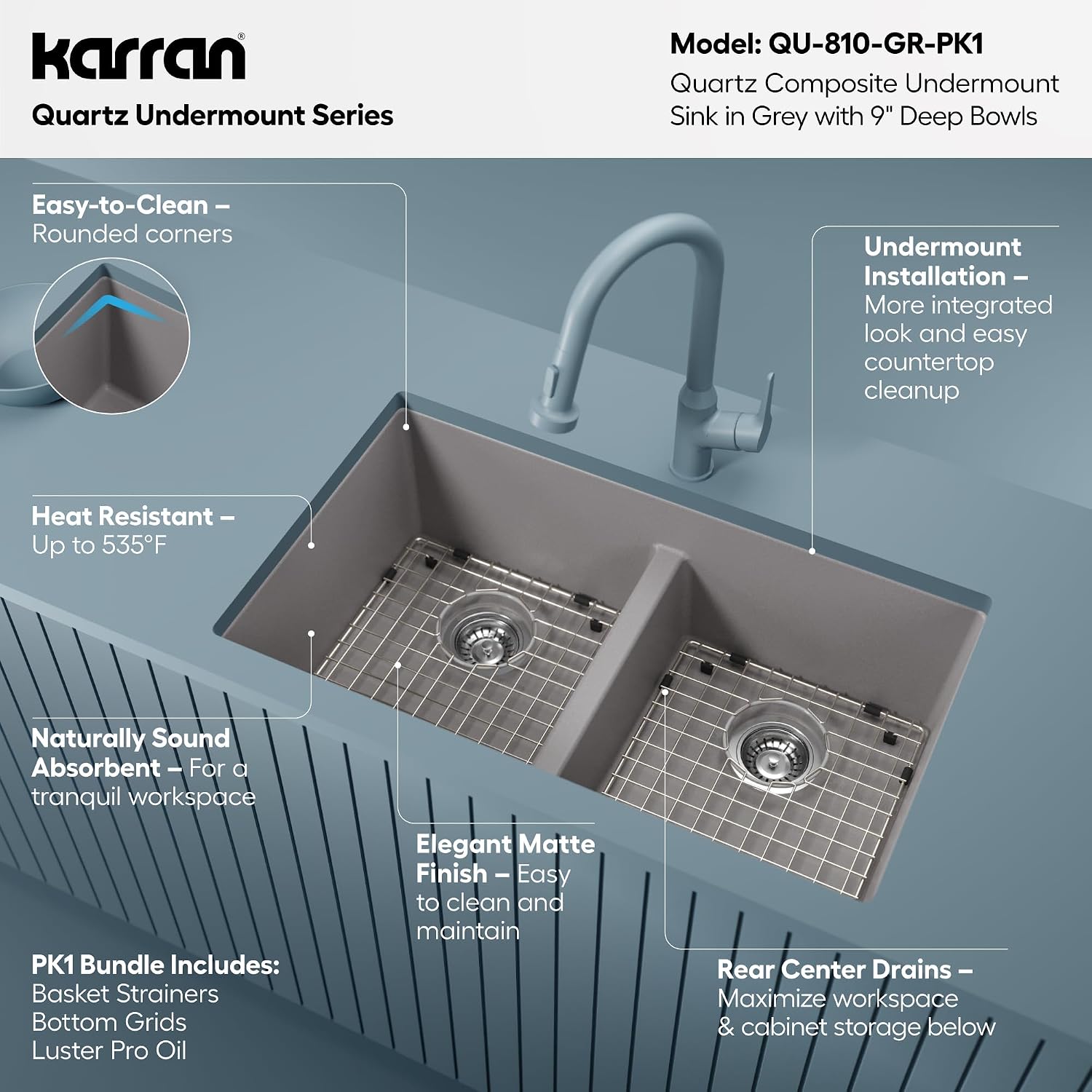 Karran QU-810 32' Undermount Double Equal Bowl Quartz Kitchen Sink Kit in Grey