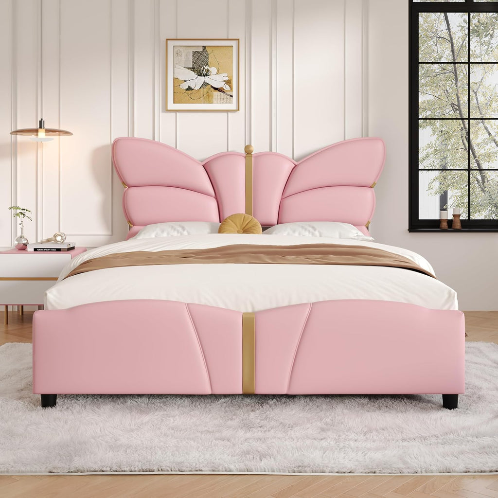 Merax PU Leather Upholstered Platform Bed with Butterfly Shaped Headboard and Footboard, Full Size Bed Frame for Bedroom, Solid Wood Slats Support, No Box Spring Needed, Easy Assembly, Light Pink