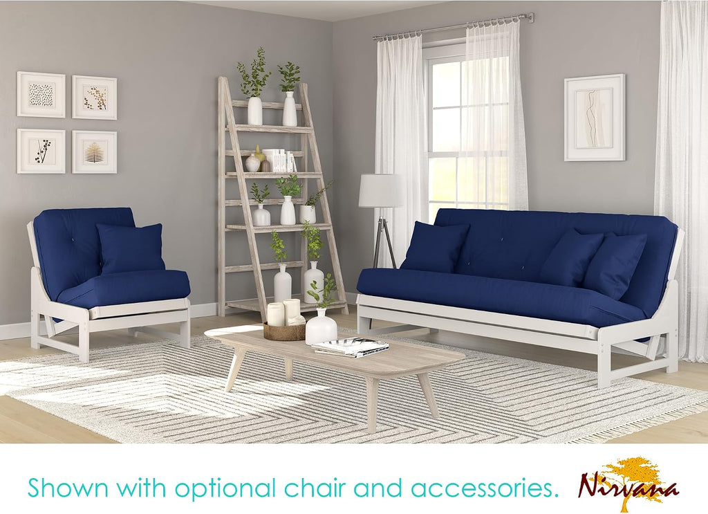 Nirvana Futons Arden White Futon with Bottom Storage Drawers (Queen Size) - Mattress Included (Twill Royal Blue), More Color Options Available