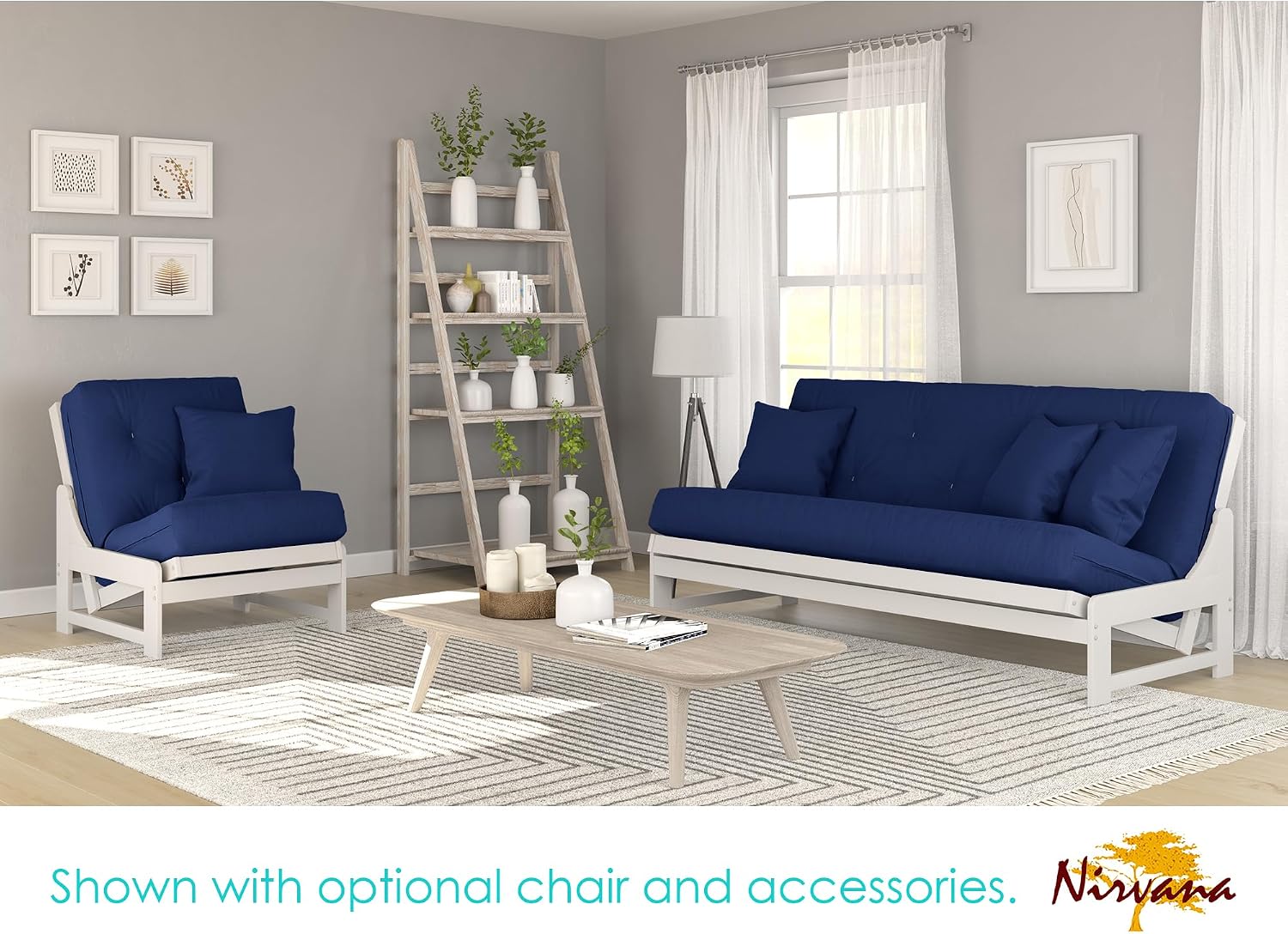 Nirvana Futons Arden White Futon with Bottom Storage Drawers (Queen Size) - Mattress Included (Twill Royal Blue), More Color Options Available