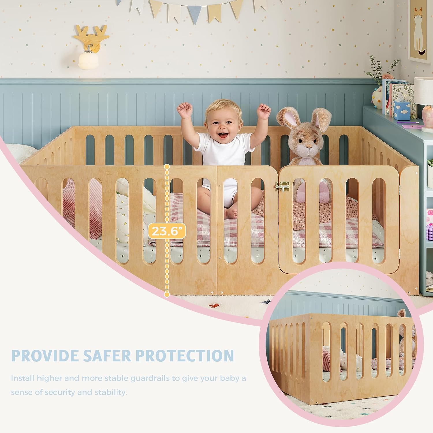 Bellemave Queen Size Kids Montessori Floor Bed,Queen Size Floor Bed Frame with High Fence and Door,Solid Wood Montessori Bed for Girls Boys,Natural