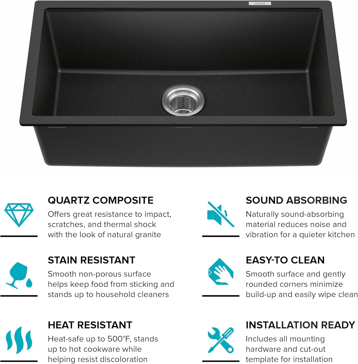 KRAUS Quarza 31-inch Undermount Single Bowl Granite Kitchen Sink in Black Onyx, KGU-413B