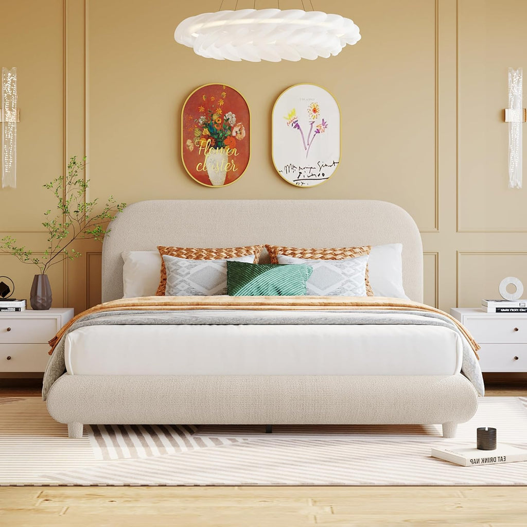 Curve-Shaped Upholstered Platform Bed With Curved Headboard, Queen Size Wood Frame for Kids Adults Bedroom Furniture, Teddy Fleece Thick Fabric Grounded (Beige)