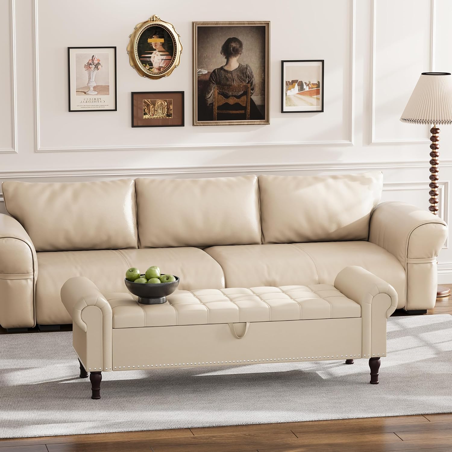 Apicizon 60' Bench with Storage, Faux Leather Ottoman Bench with Rolled Arm & Vintage Rivets, End of Bed Bench for Bedroom, Living Room, Entryway, Beige+Brown Legs