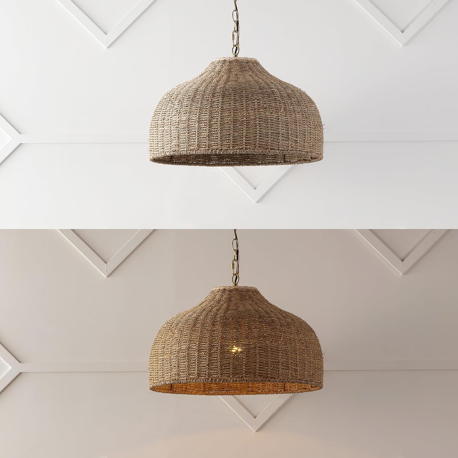 JONATHAN Y 20' Brown/Brass Gold 1-Light Rattan and Iron Dome Pendant Light, Adjustable Height Coastal Bohemian Hanging Lamp for Kitchen Island, LED Bulb Included JYL1133A