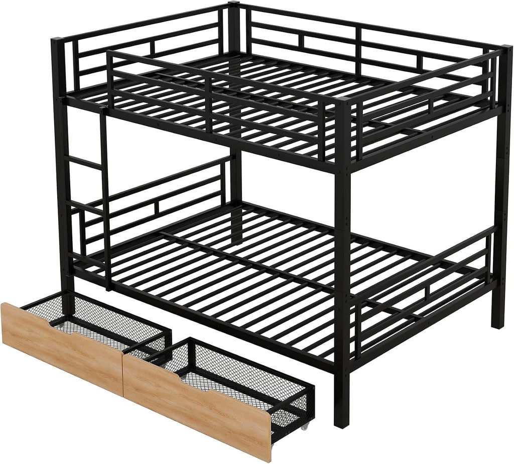 Metal Full Size Convertible Bunk Bed with 2 Drawers,Bed Frames W/Wood Slats Support The Mattresses,Easy to Assemble,for Kids Teens Girls Boys,Black