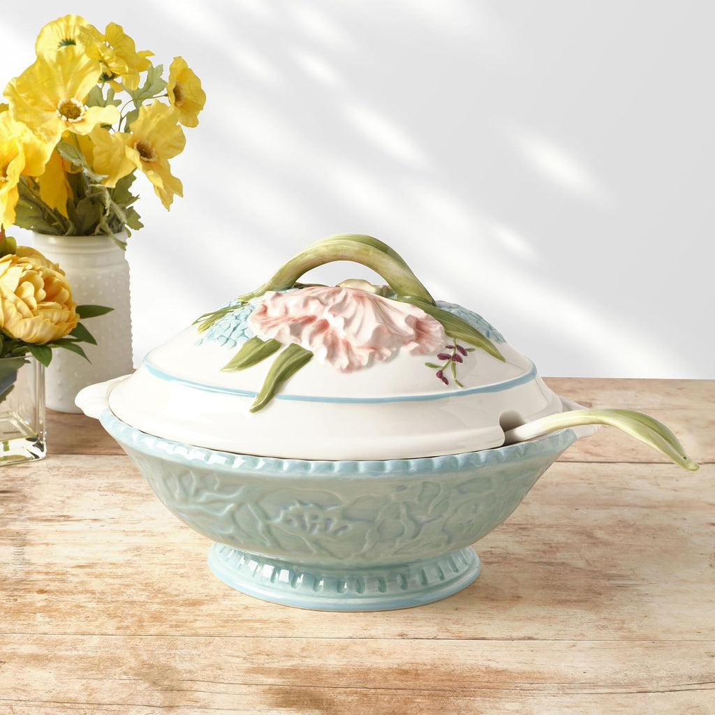 Fitz and Floyd Meadow Tureen Covered Serving Bowl with Ladle, 3.5 Quart