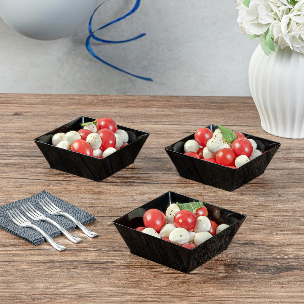 Restaurantware 10 Ounce Square Bowls 100 Disposable Serving Bowls - Heavy-Duty Premium Black Plastic Salad Bowls For Parties Catering Or Buffets Serve Desserts Chips Popcorn Or Candies
