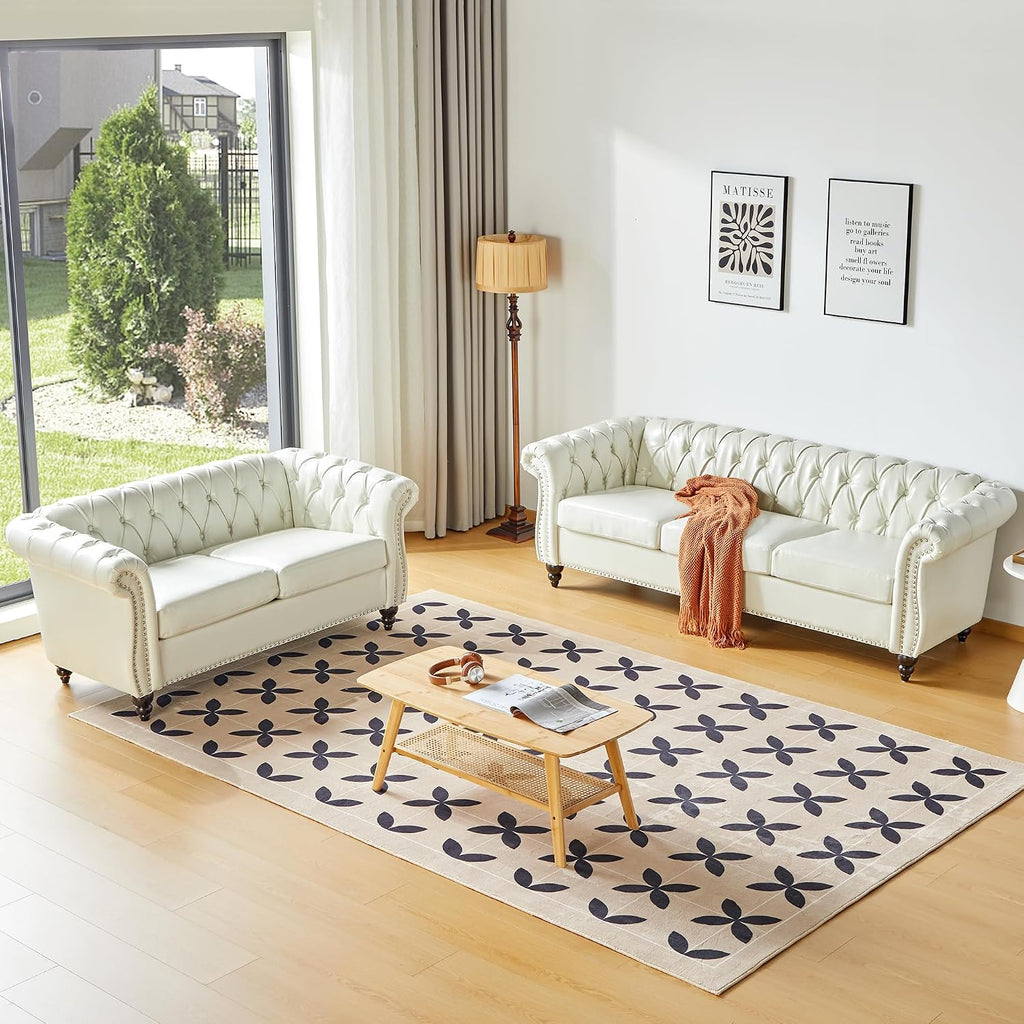 QHITTY 2 Piece Living Room Set, Sectional Chesterfield Sofa Chair Contemporary Upholstered Artificial Leather Loveseat Couch Sets for Living Room, Bedroom, Office (White)