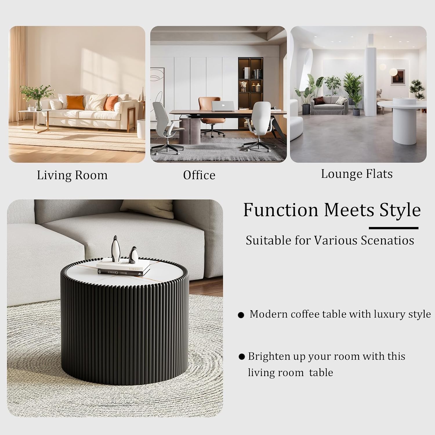 Round Coffee Table Set, 29.52' White Drum Center Table and 17.71' Black Coffee Table Set, 2 Pieces Living Room Table Set with Sintered Stone Tabletop, Fluted PU Leather Covered and Stable Base