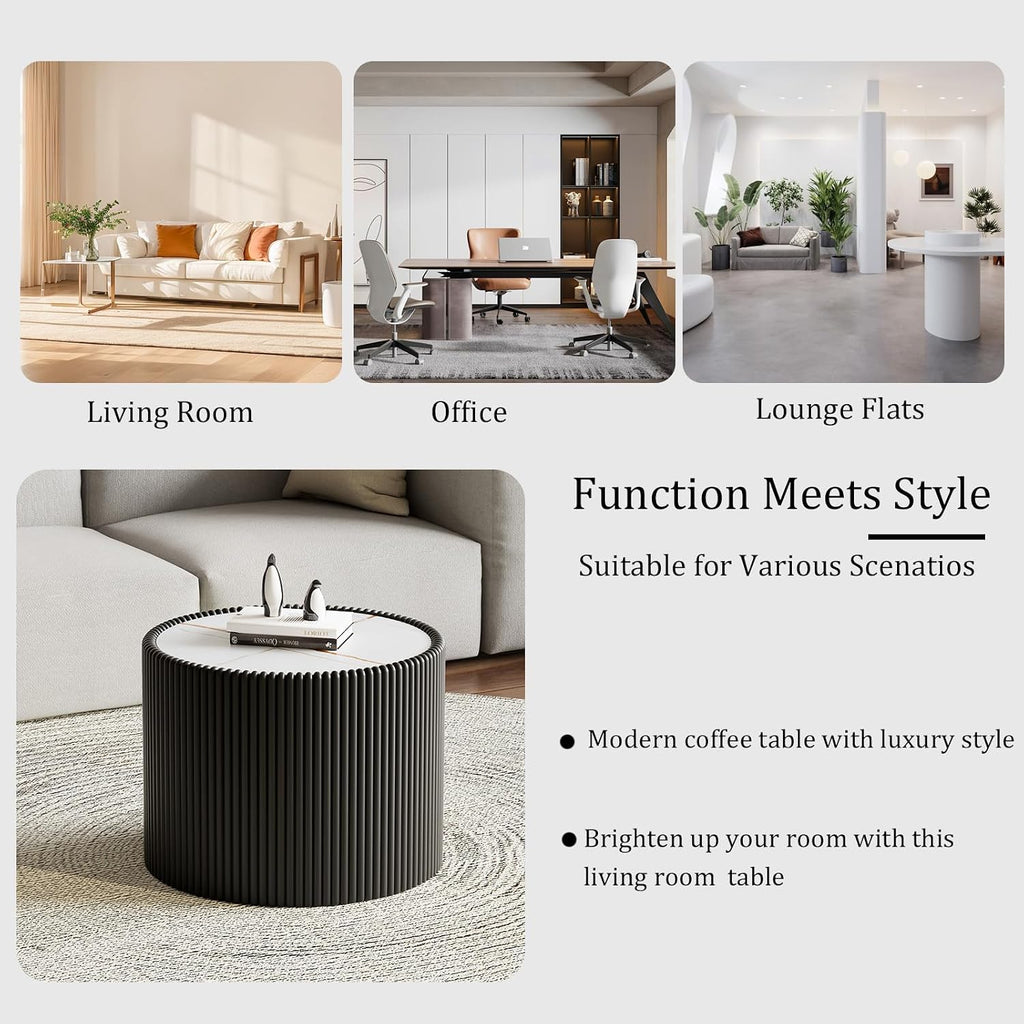 17.71' Black Round Coffee Table, Drum Coffee Table with Sintered Stone Tabletop and Fluted PU Leather Covered and Stable Base, Circle Cocktail Tea Table for Living Room