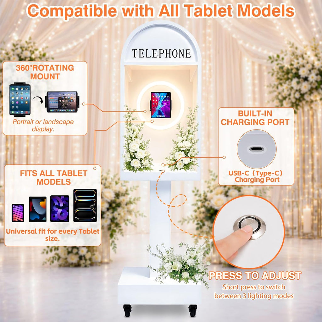 Wedding Telephone Booth Audio Guest Book Photo Booth Stand with 3 Color Ring Light 360° Rotatable Tablet Holder Built-in Type-C Charging Port Lockable Rolling Wheels for Wedding Party Events