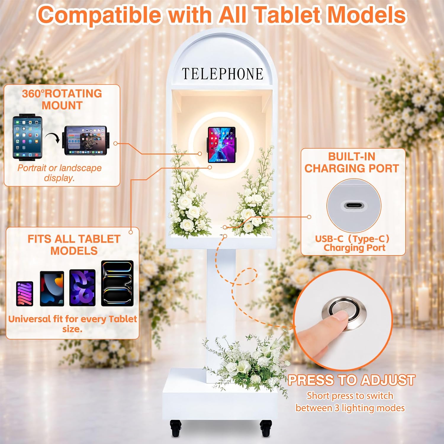 Wedding Telephone Booth Audio Guest Book Photo Booth Stand with 3 Color Ring Light 360° Rotatable Tablet Holder Built-in Type-C Charging Port Lockable Rolling Wheels for Wedding Party Events