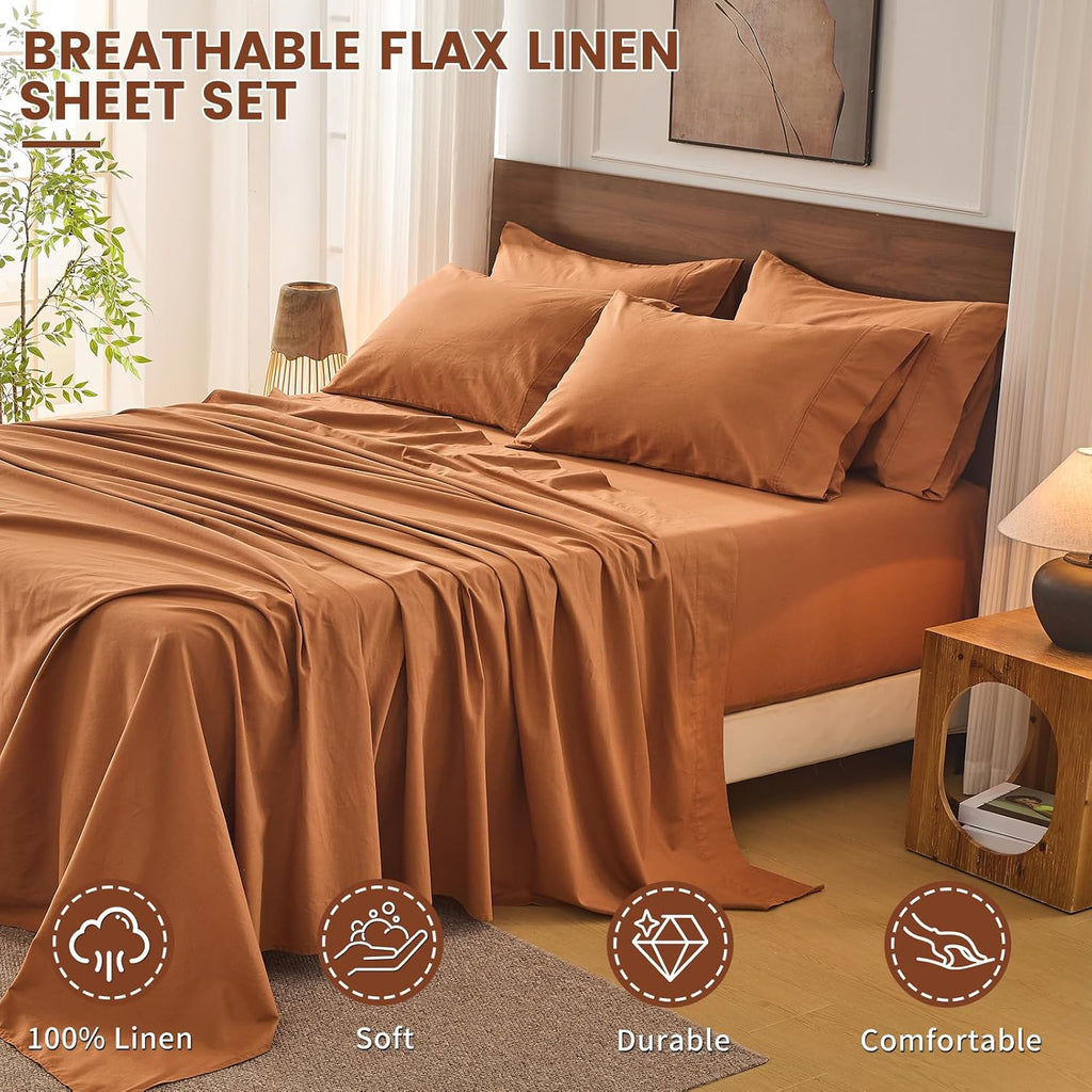 Bedlifes 100% French Flax Linen Sheets Set King Size - 6 Piece Extra Deep Pocket 18-24',Soft Breathable King Bed Sheets with Temperature Regulating & Moisture-Wicking(Brown