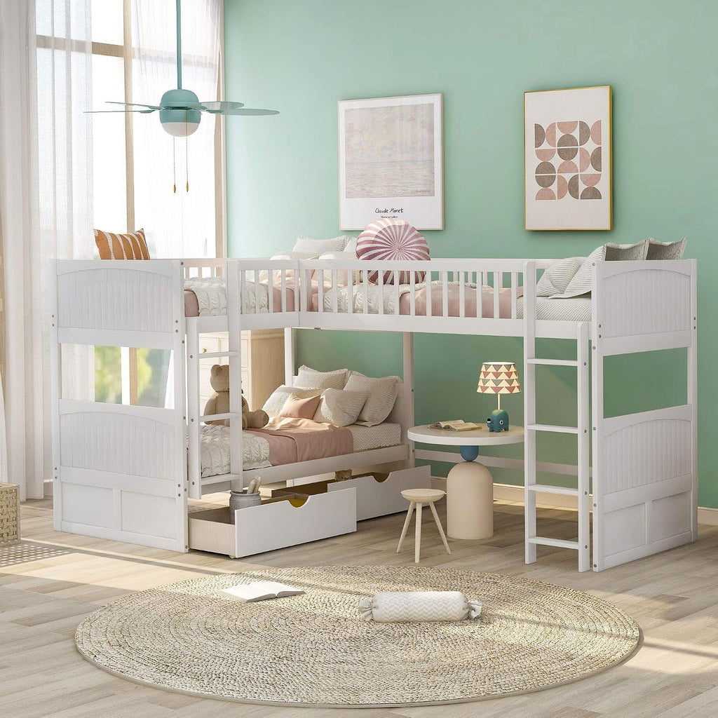 Twin Size Bunk Bed with a Loft Bed Attached and 2 Drawers,Bedroom Wood Bed Frame W/Space,Ladder,Rails,No Box Spring Required,for Girl Boy Kid,White