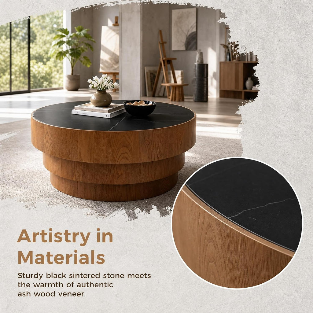 31.5' Black Round Coffee Table, Round Coffee Table with Sintered Stone Tabletop and MDF with Wood Veneer Tiered Base, Modern Low Profile Circle Cocktail Tea Table for Living Room
