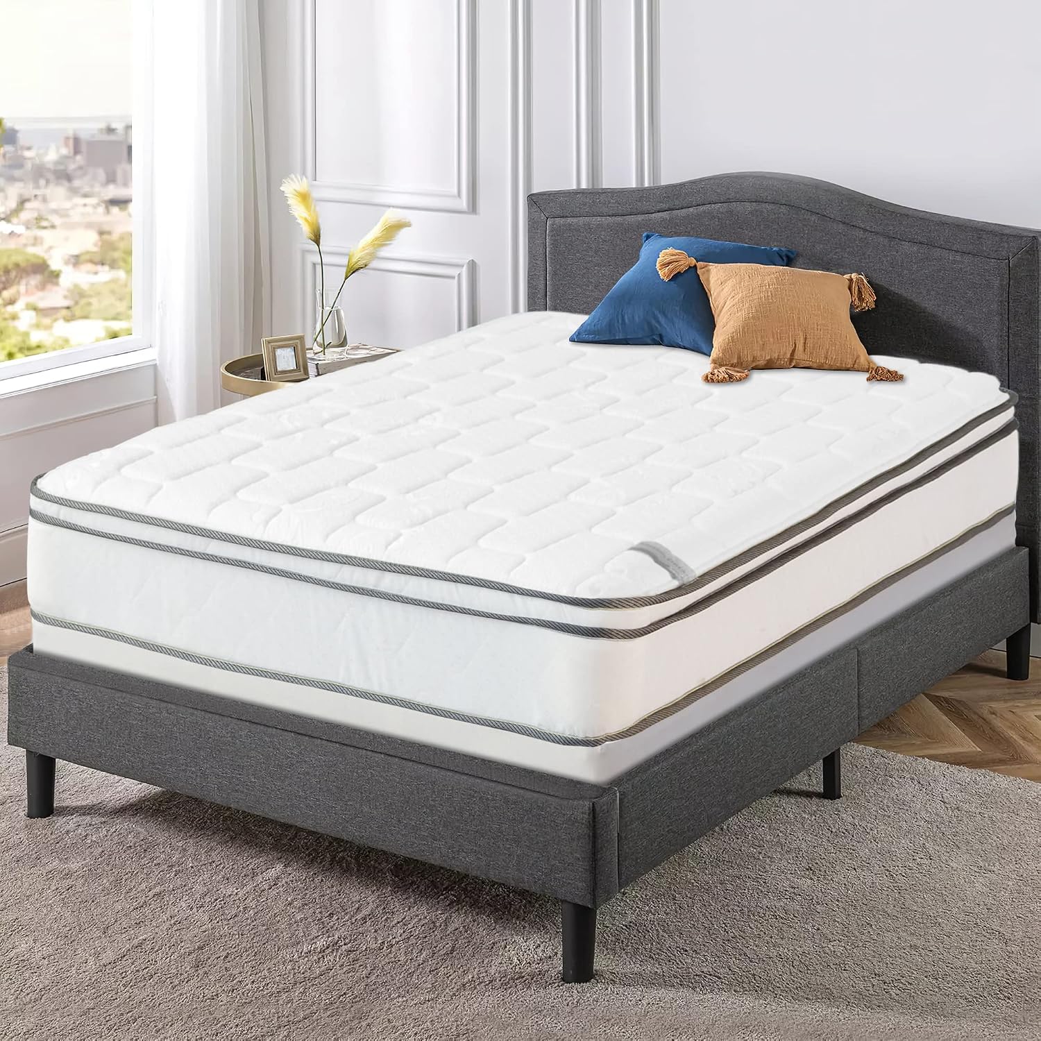 Nutan, 9-Inch Meduim Plush Eurotop Innerspring Mattress with 4' Wood Box Spring Set, Full XL