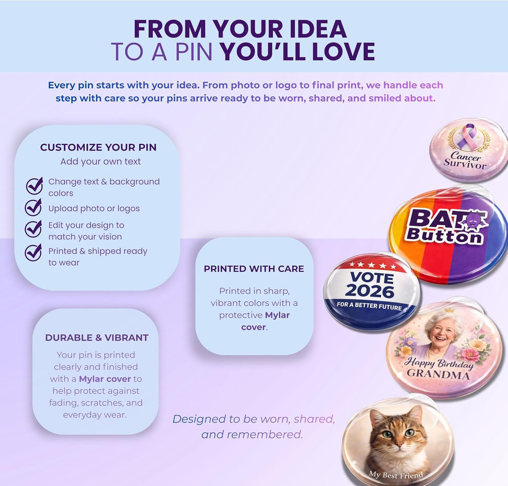 Custom Button Pins - Personalized Photo, Logo & Text Button Pins, Sizes 1, 1.5, 2.25, 3 & 3.5 Inch, Bulk 5-1000 Pcs, Pinback Buttons for Graduation, Campaigns & Events