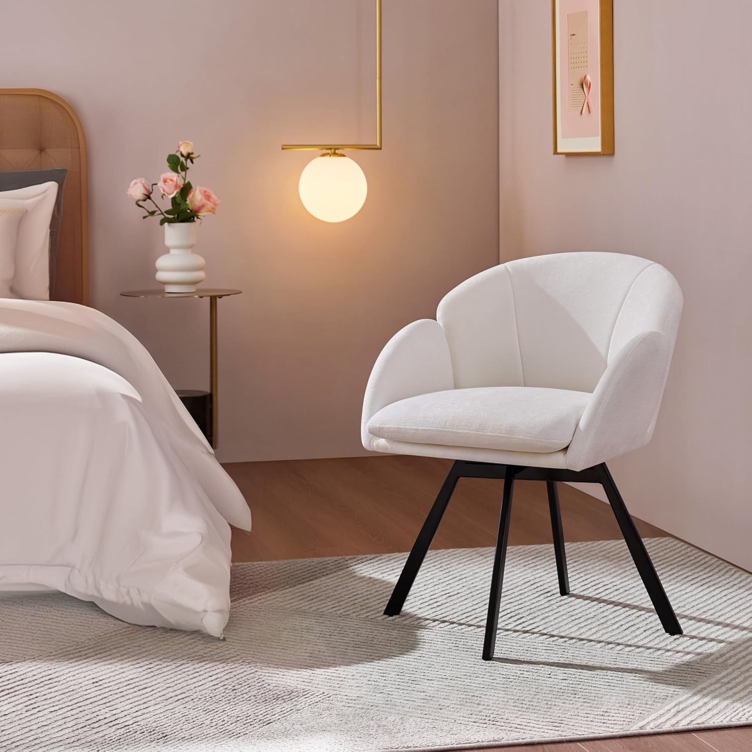 Yaheetech Swivel Accent Chair, Flower Chenille Armchair, Vanity Chair Side Chair with 360-Degree Swivel Base and Seat Cushion for Living Room/Bedroom/Home Office/Makeup, White, Set of 2