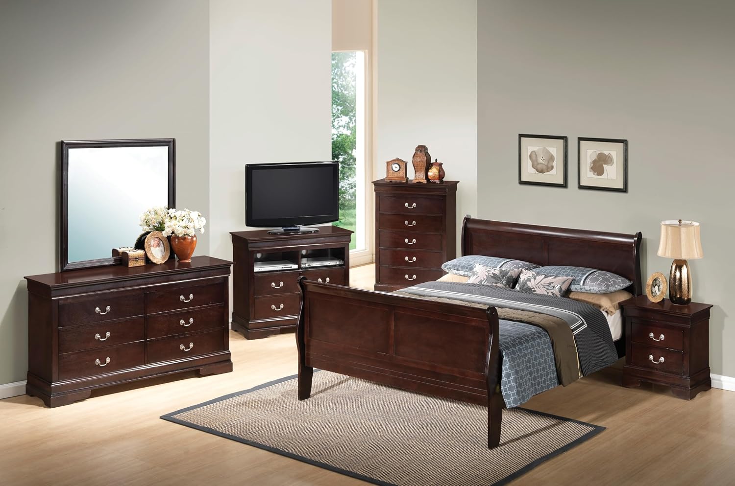 GDFStudio Full Size Wood Platform Bed Frame, Classic Sleigh Design with Curved Trim & Wood Posts,Easy Assembly, Box Spring Required,Timeless Elegant Bedroom Furniture,Cappuccino