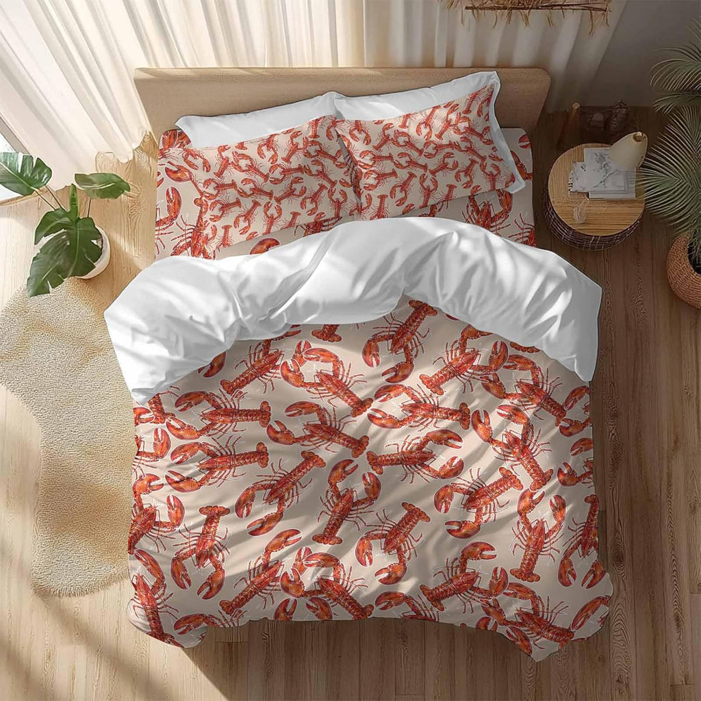 Red Lobster Duvet Cover Set Queen Size 4 Pieces Summer Crawfish Ocean Animal Minimalist Art Retro Bedding Set with Zipper Closure, 1 Comforter Cover 92x106 Inches 1 Flat Sheet & 2 Pillow Cases
