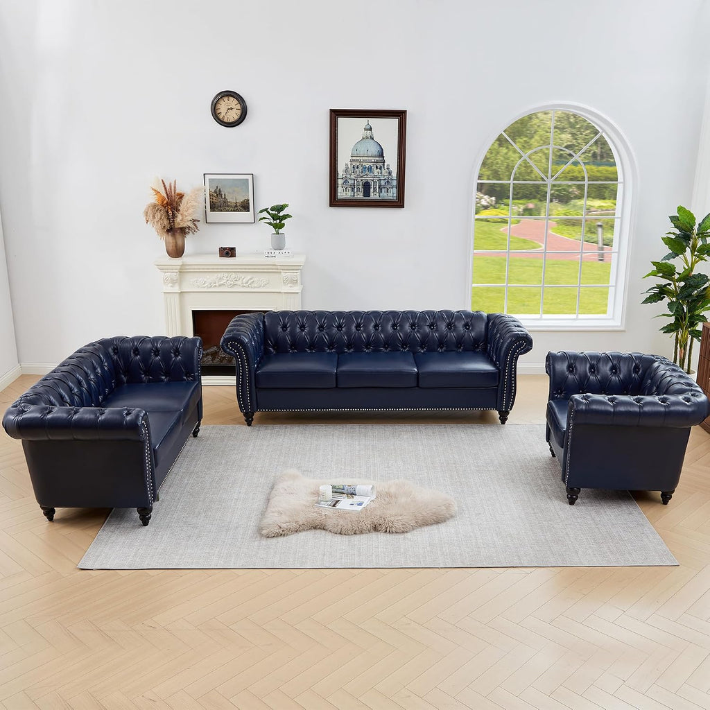 QHITTY 3 Piece Living Room Set, Sectional Chesterfield Sofa Chair Contemporary Upholstered Artificial Leather Loveseat Couch Sets for Living Room, Bedroom, Office (Blue)
