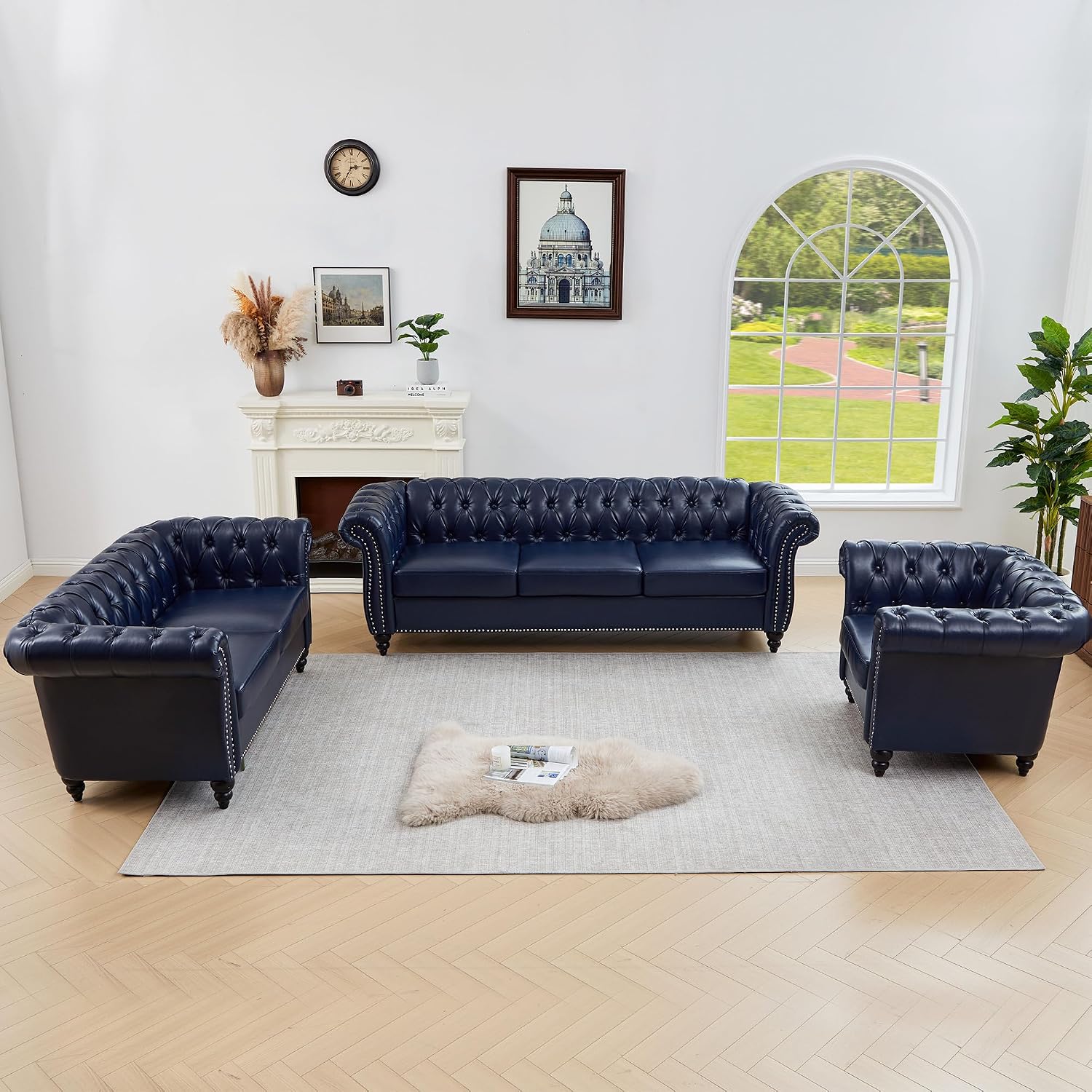 QHITTY 3 Piece Living Room Set, Sectional Chesterfield Sofa Chair Contemporary Upholstered Artificial Leather Loveseat Couch Sets for Living Room, Bedroom, Office (Blue)