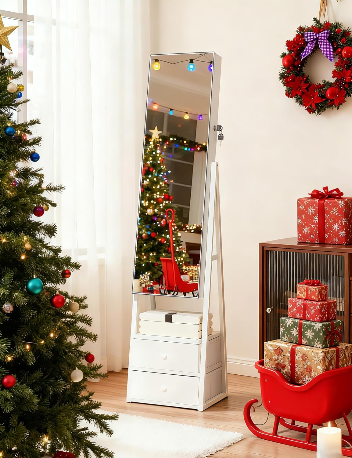 Nicetree Jewelry Cabinet Armoire with 2 Drawers, Lockable Standing Mirror Jewelry Cabinet, Full Length Mirror with Jewelry Storage, Gift Idea, Pure White