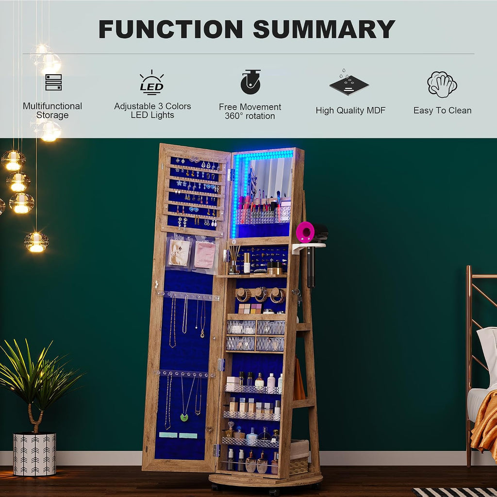 HNEBC 360° Swivel Jewelry Armoire with Mirror, LED Mirror Jewelry Cabinet Standing, Full Length Mirror with Jewelry Storage, Standing Jewelry Organizer/Lockable Wheels/Foldable Makeup Shelf (Wood)