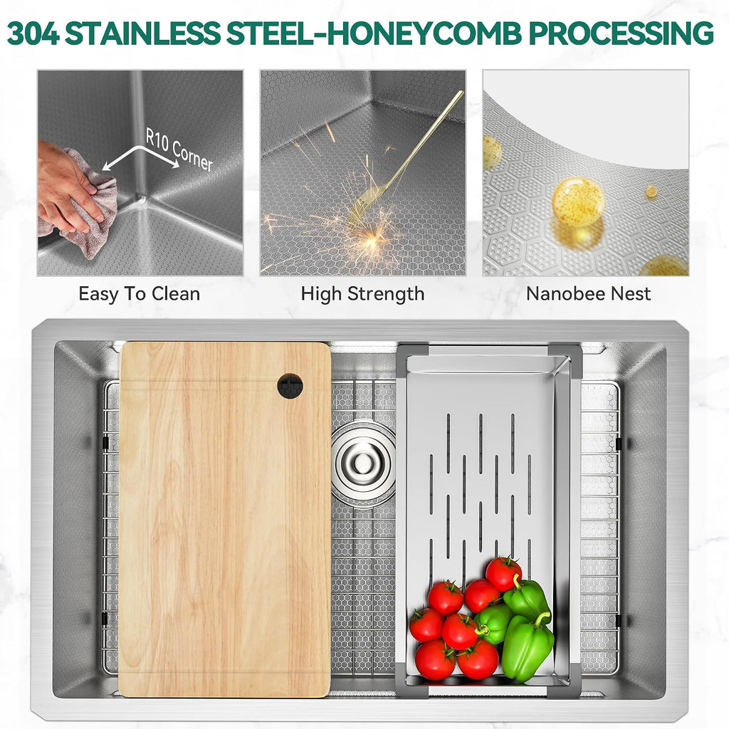 YITAHOME Kitchen Sink Undermount Workstation 32in, 304 Stainless Steel Single Bowl w/Ledge & Accessories, Honeycomb Surface Design, RV, Modern Bar Sink 32x19x10in, Silver